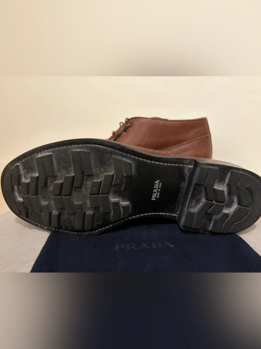 Vintage Prada Men’s Brown Leather Chukka Boots with Lace-Up Size: 8.5